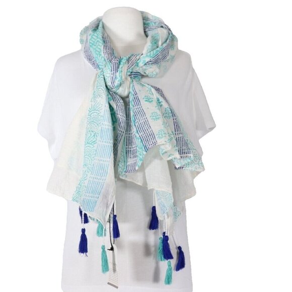 Indaba Unisex Ivory Turquoise Pom-Pom Scarf Graphic Lightweight Cotton Wrap NWT - Picture 6 of 6